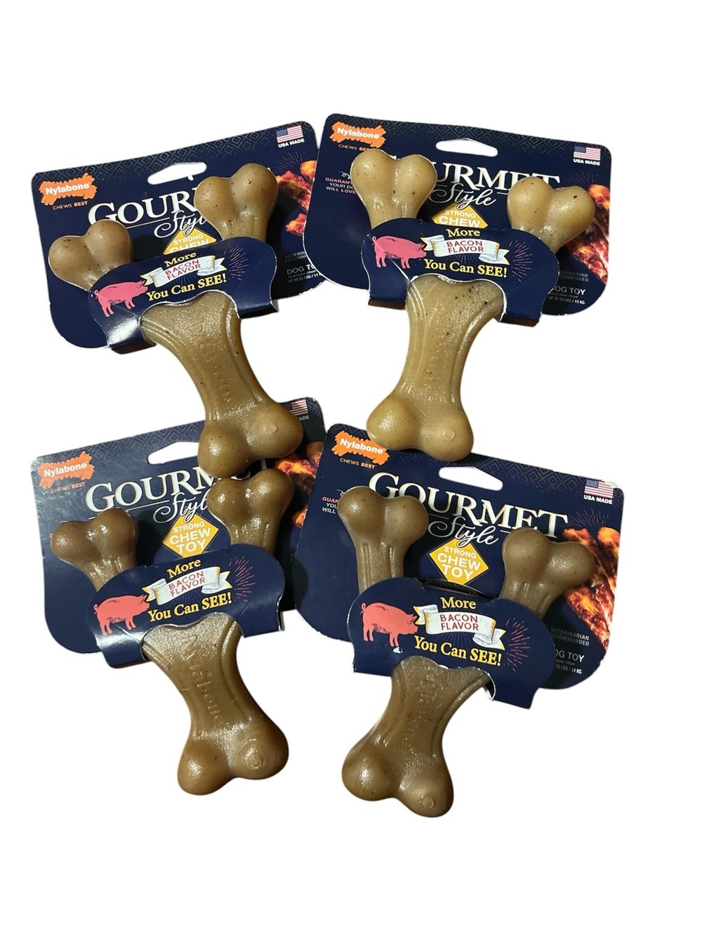 Nylabone Gourmet Style Bacon Dog Chew Toys Set of 4 | 5" Strong Chewers 25 lbs